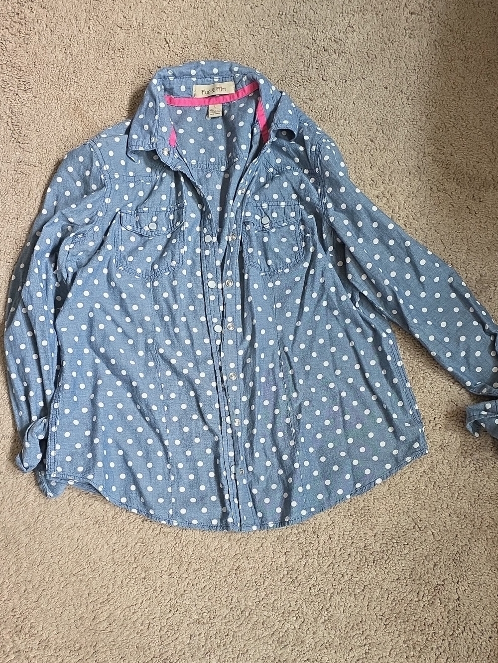 Fun & Flirt Blue Polka Dot Chambray Button-Down Shirt